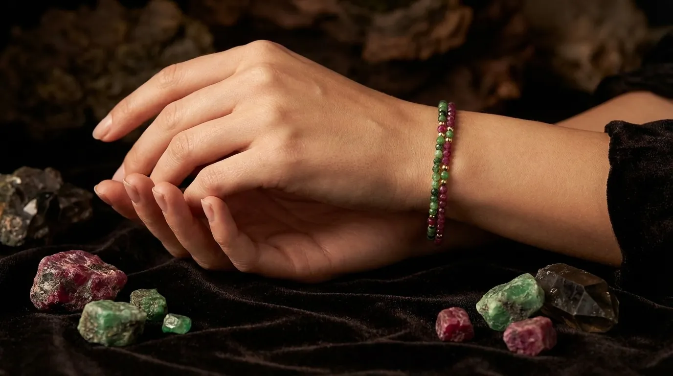 Kobieta nosząca elegancką bransoletkę z drobnymi rubinami, układająca dłonie w geście relaksu