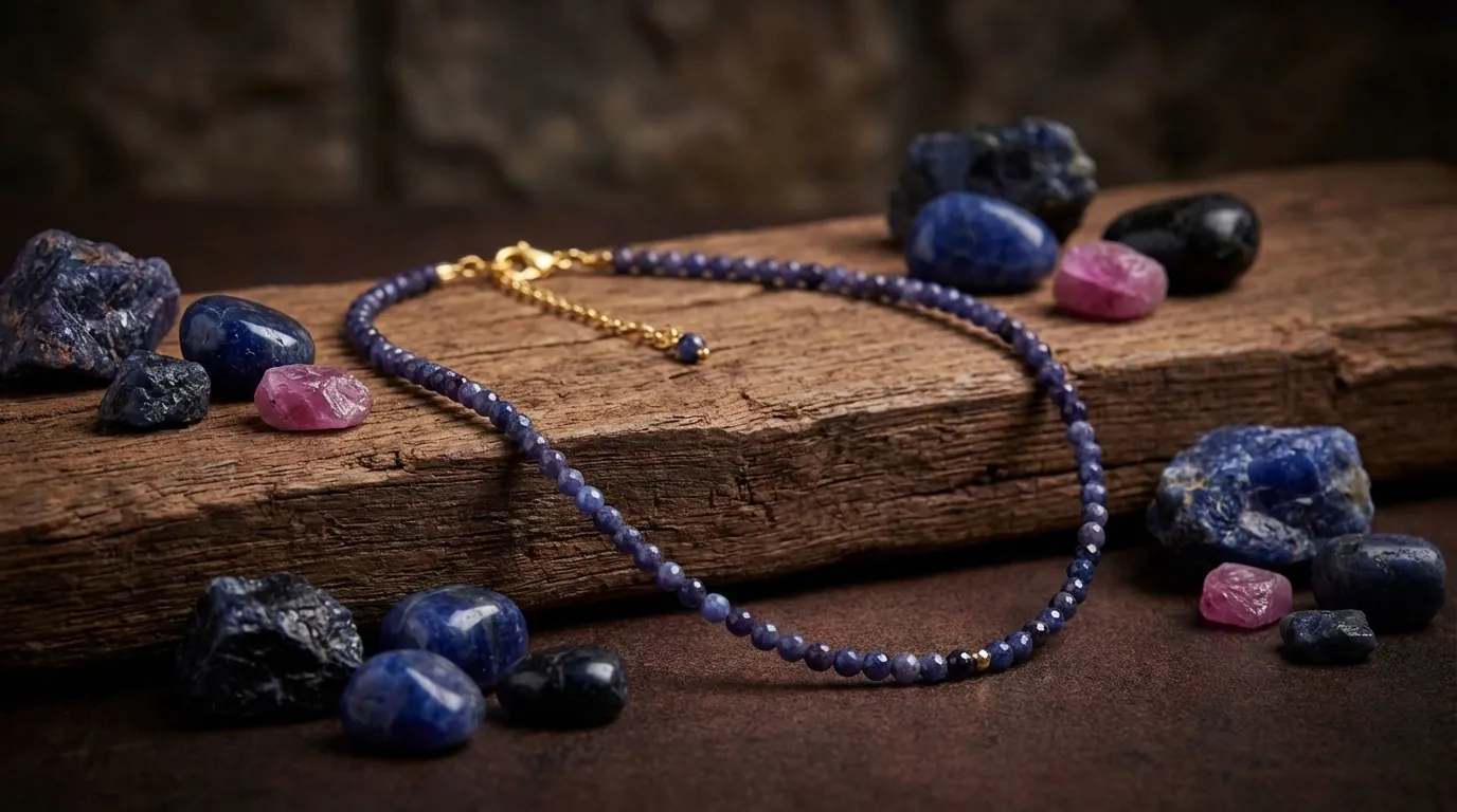 Różne odcienie szafirów: od niebieskiego, przez różowy, aż po czarny, ułożone na surowym drewnie