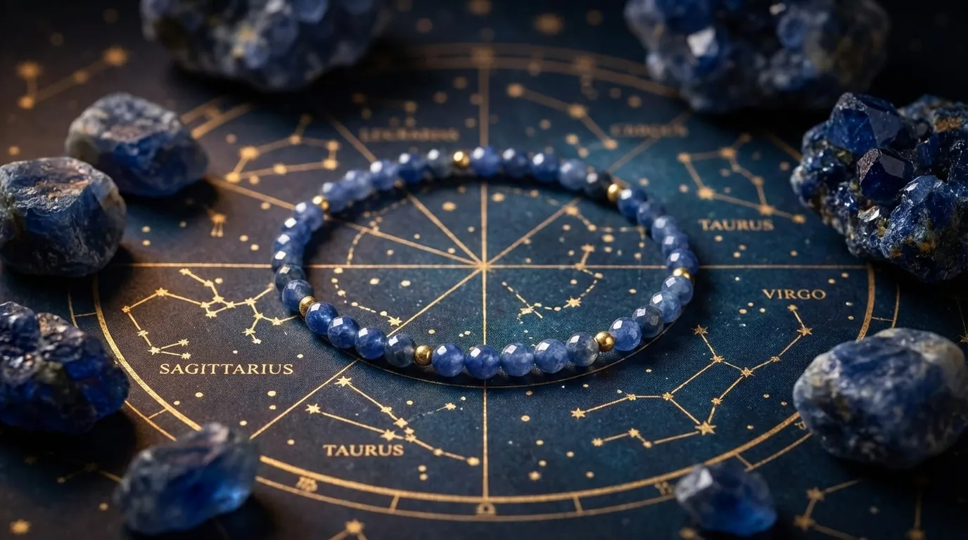 Kompozycja astrologiczna: szafir na tle mapy nieba i konstelacji zodiakalnych
