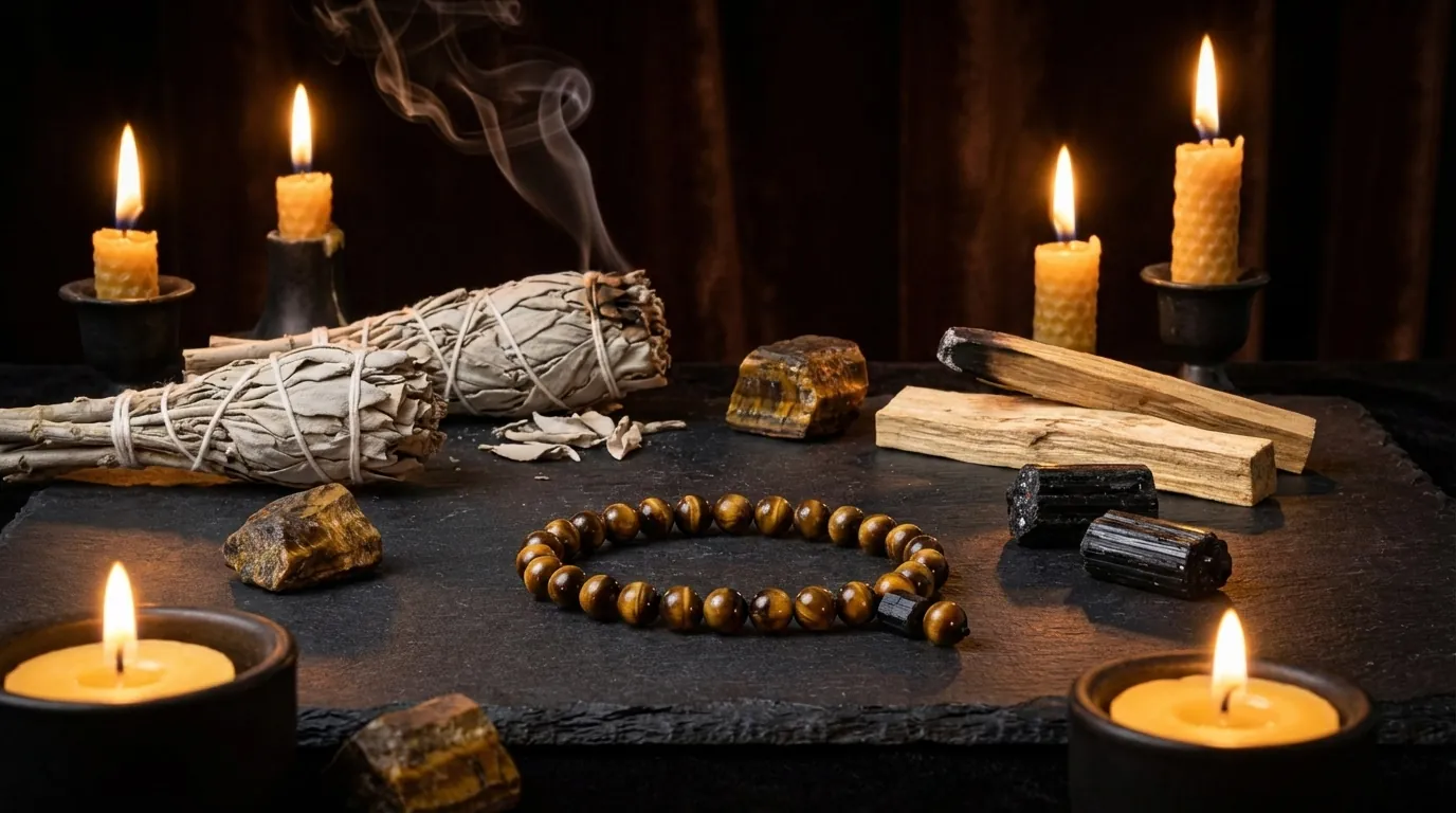 Kompozycja ezoteryczna z tygrysim okiem, szałwią i świecami