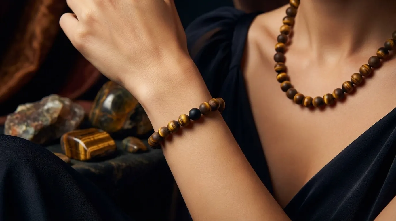 Kobieta nosząca elegancki tygrysie oko naszyjnik do wieczorowej sukni