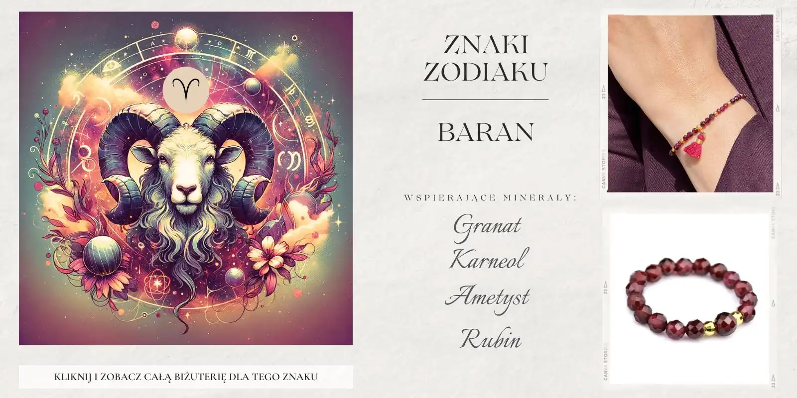 Symbol Barana w otoczeniu kamieni: karneol, granat, ametyst, rubin