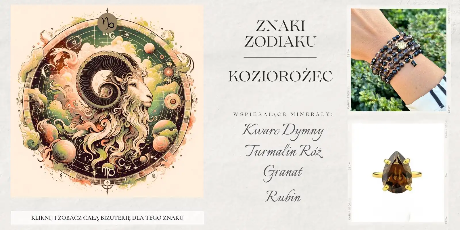 Symbol Koziorożca i jego kamienie: turmalin różowy, kwarc dymny, granat, rubin