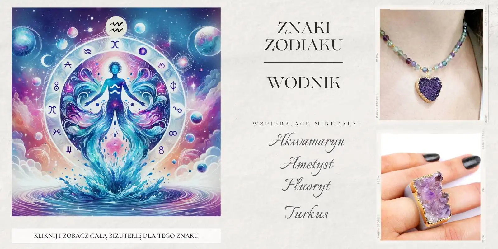 Symbol Wodnika z magicznymi kamieniami: fluoryt, akwamaryn, turkus, ametyst