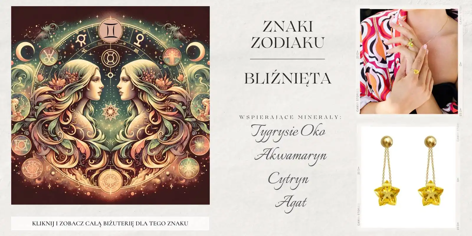 Symbol Bliźniąt oraz kamienie: cytryn, tygrysie oko, agat, akwamaryn