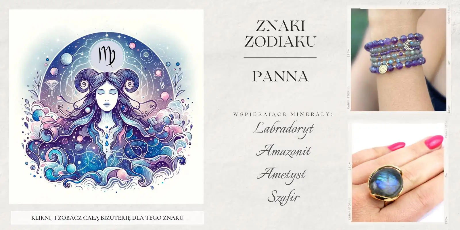 Symbol Panny z kamieniami na równowagę: szafir, labradoryt, ametyst, amazonit