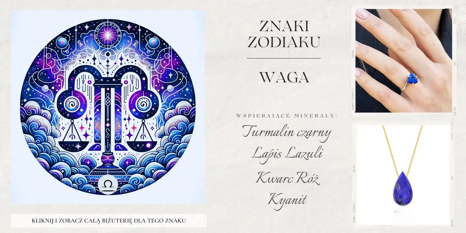 Symbol Wagi z kamieniami dla równowagi: lapis lazuli, kwarc różowy, kyanit, czarny turmalin