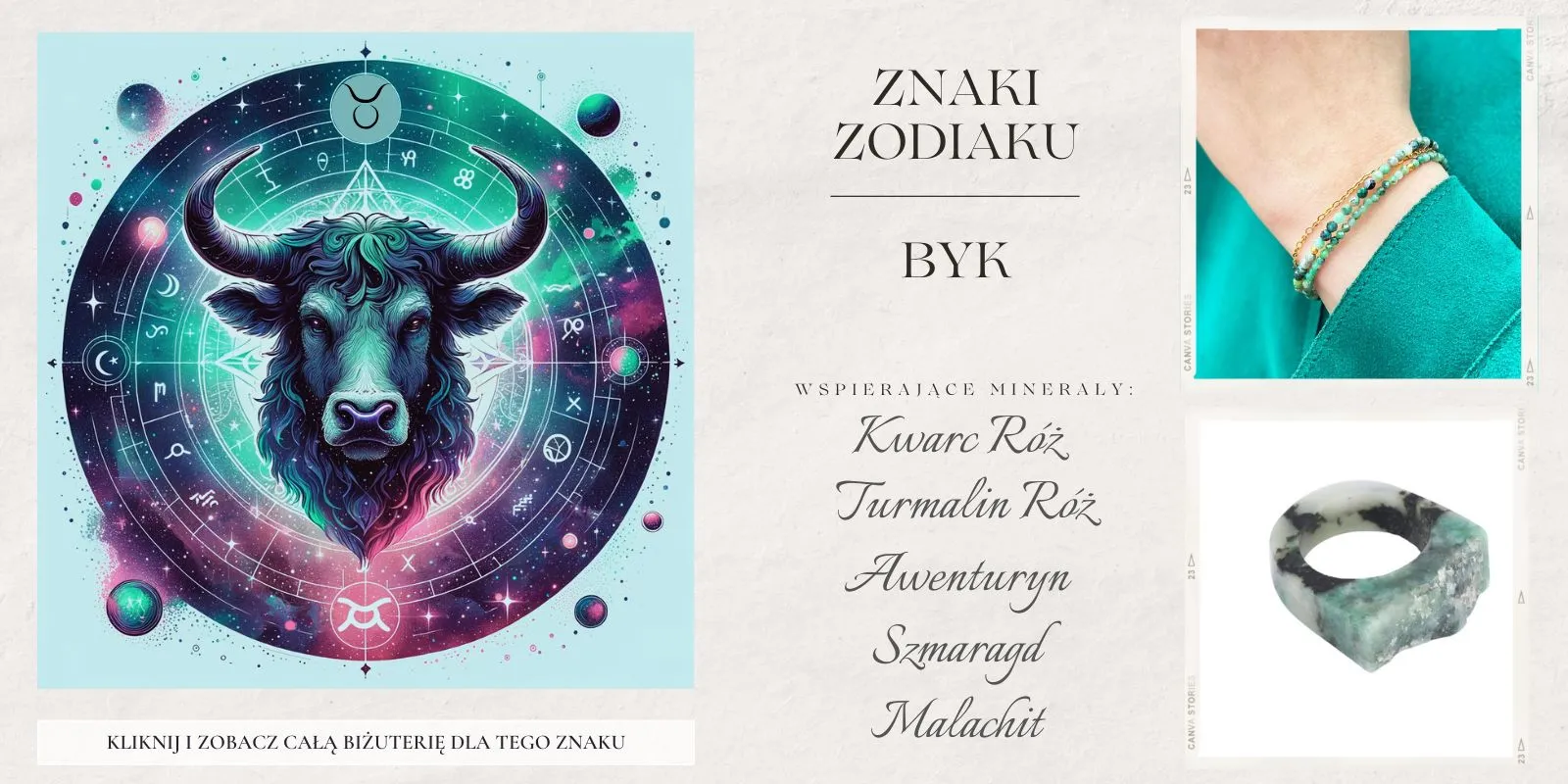 Symbol Byka z towarzyszącymi kamieniami: kwarc różowy, szmaragd, malachit, awenturyn