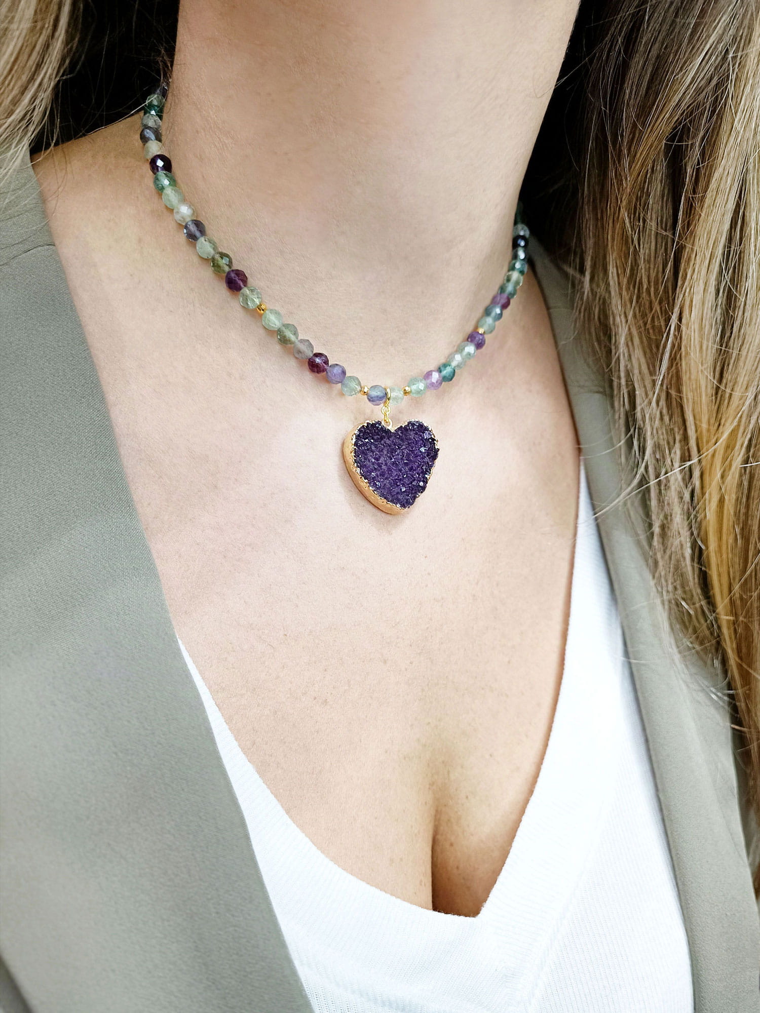Naszyjnik Ametyst Serce i Fluoryt Złocony