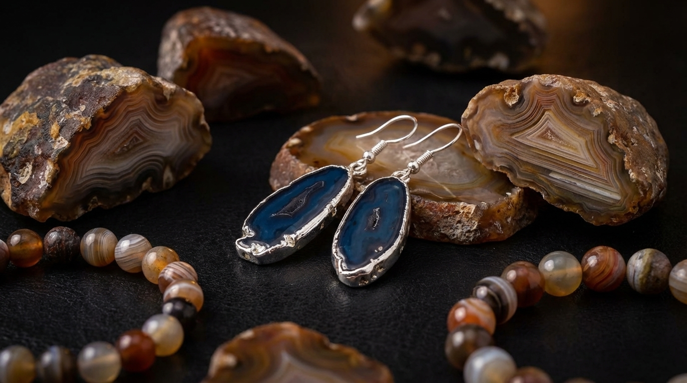 Surowy i oszlifowany agat ukazujący wielobarwne wstęgi