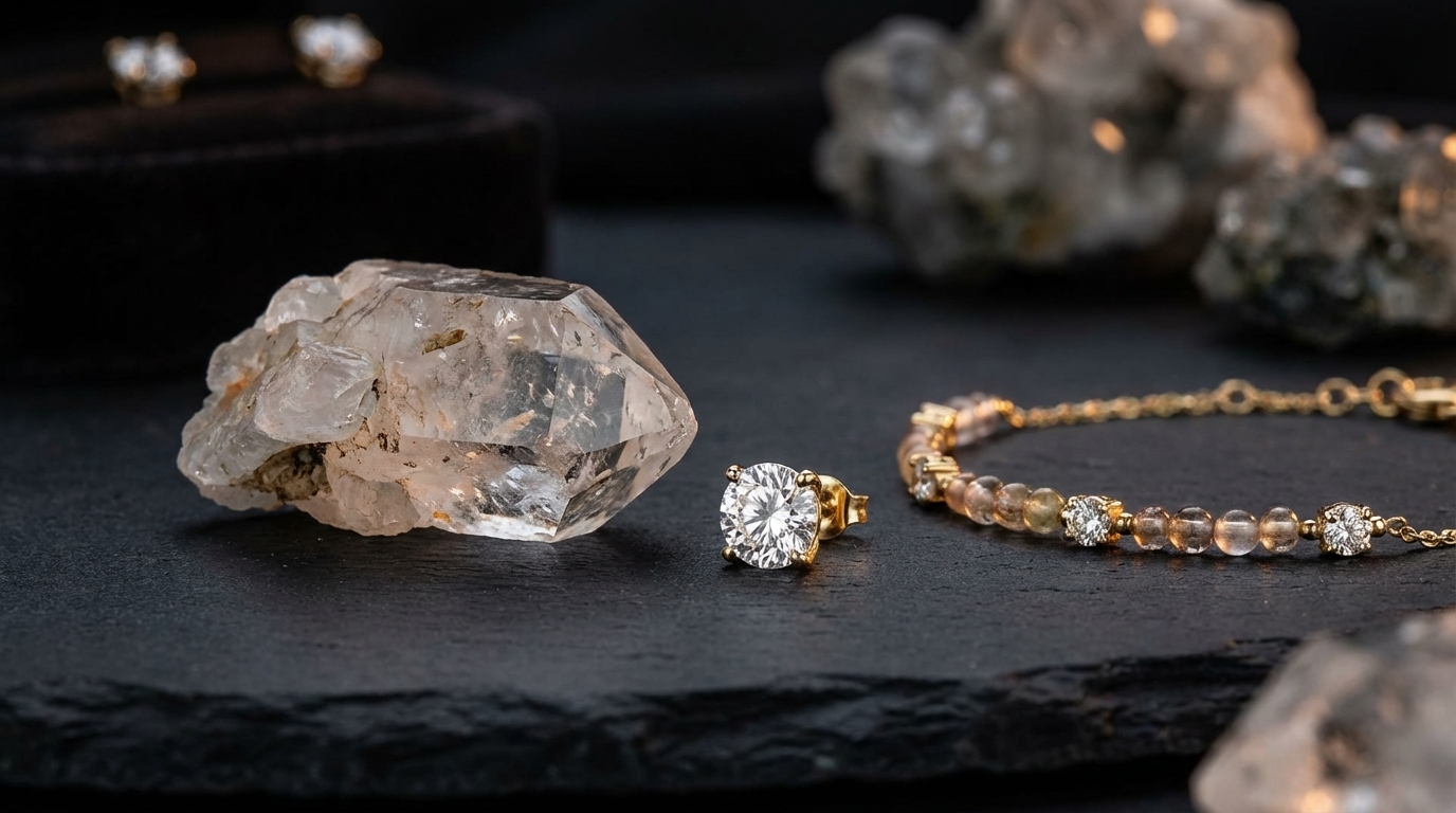 Surowy kryształ górski obok gotowej biżuterii