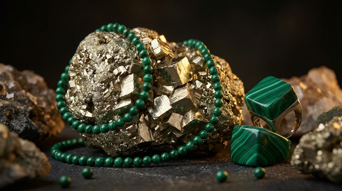 Naszyjnik Malachit i Piryt złoto