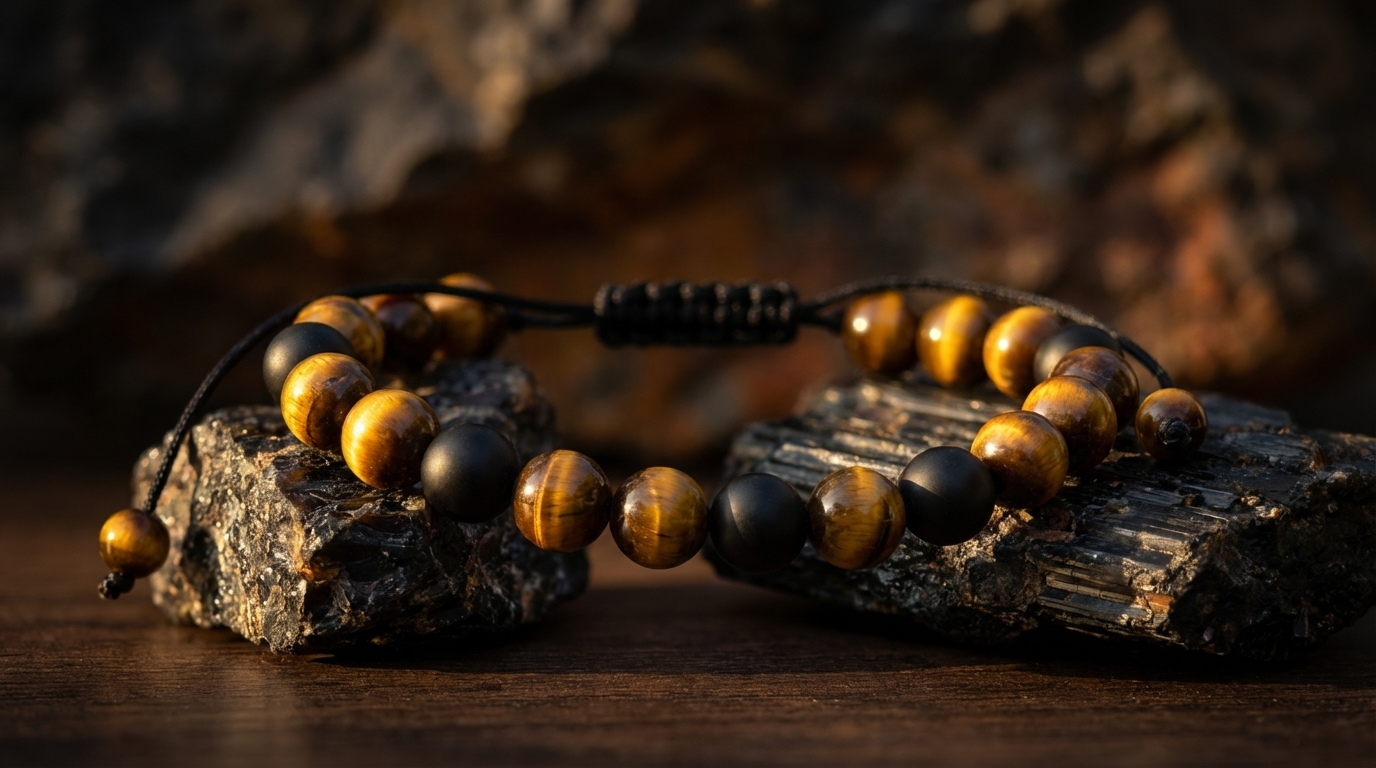 Bransoletka Męska Tygrysie Oko i Turmalin Makrama