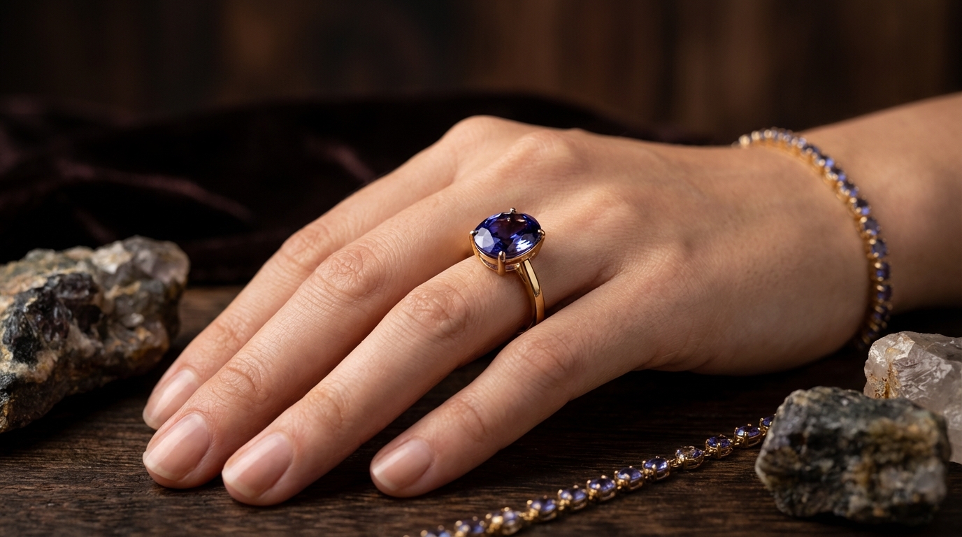 Złoty pierścionek z naturalnym tanzanitem na dłoni