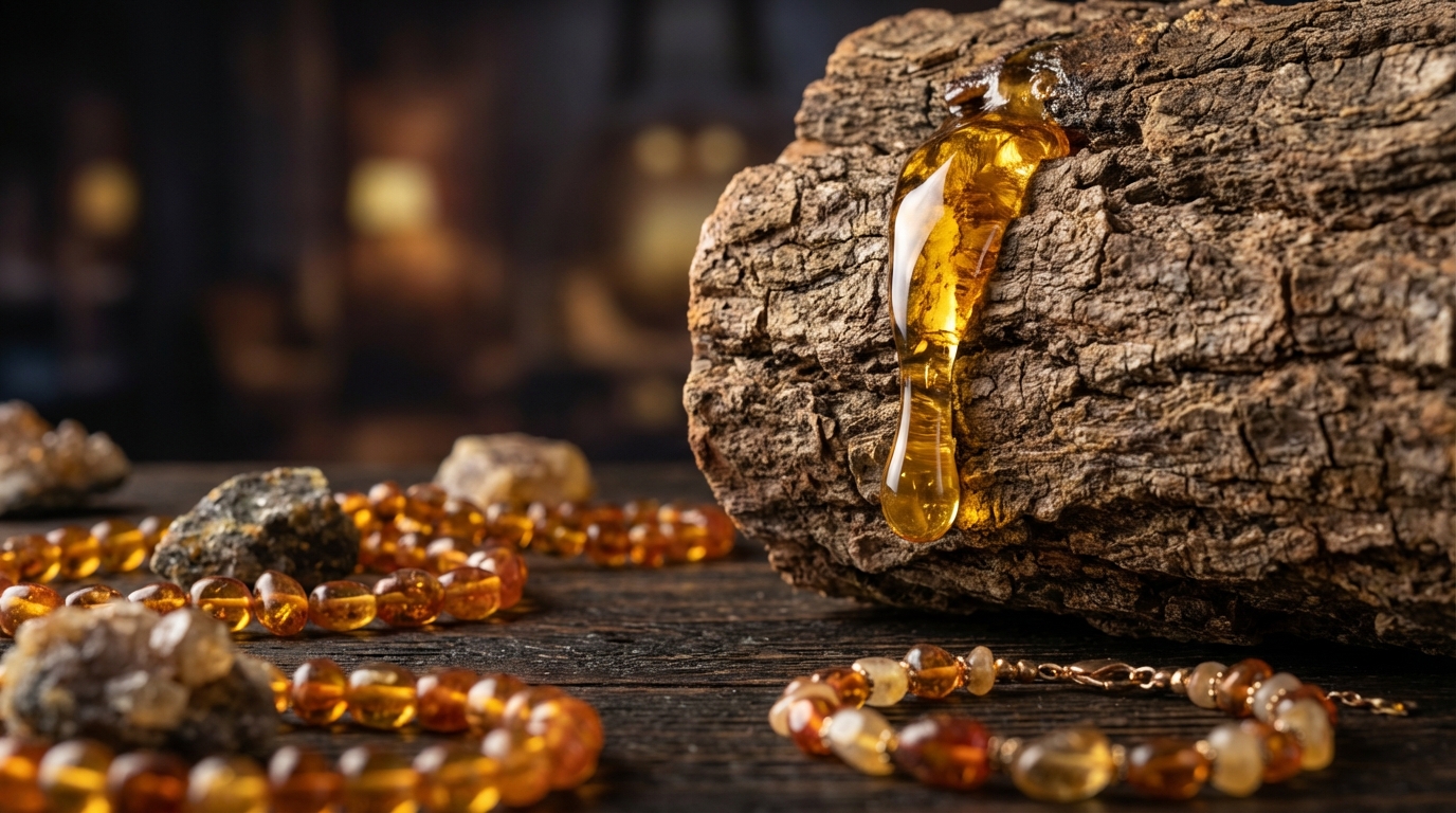 Kropla żywicy spływająca po korze prehistorycznego drzewa