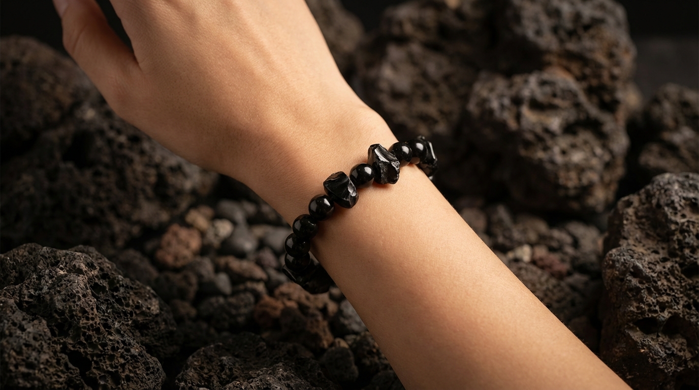 Czarna obsydian bransoletka na kobiecym nadgarstku na tle wulkanicznych skał