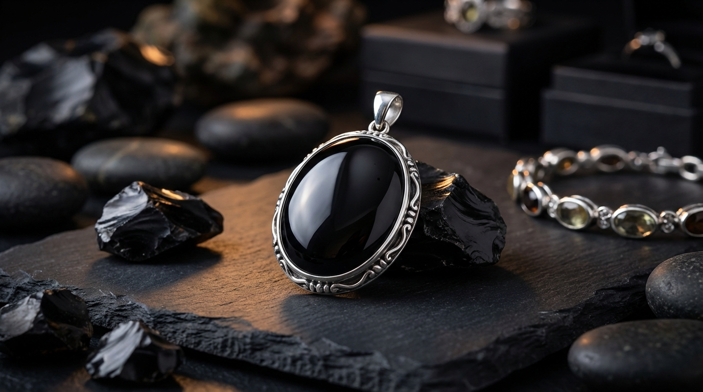 Czarny wisiorek z obsydianu w srebrnej oprawie