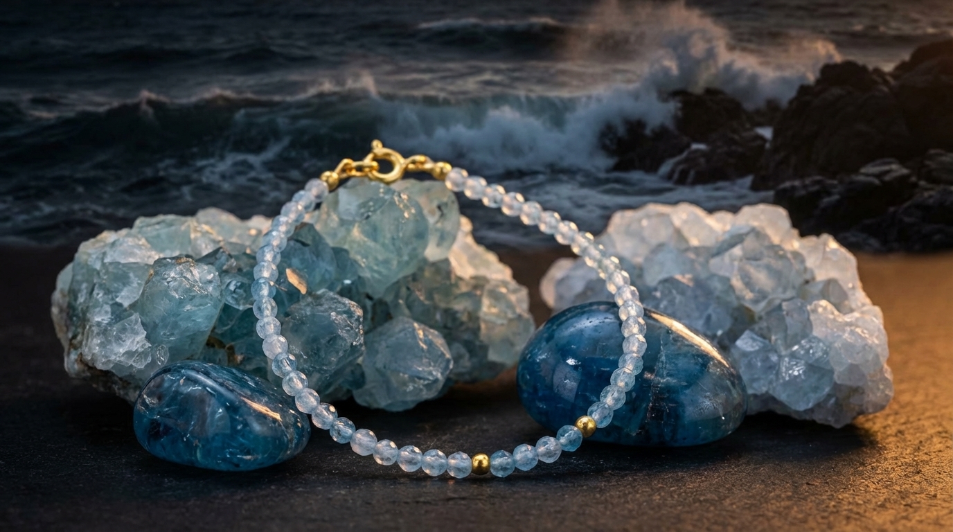 Surowy i oszlifowany akwamaryn kamień na tle morskich fal