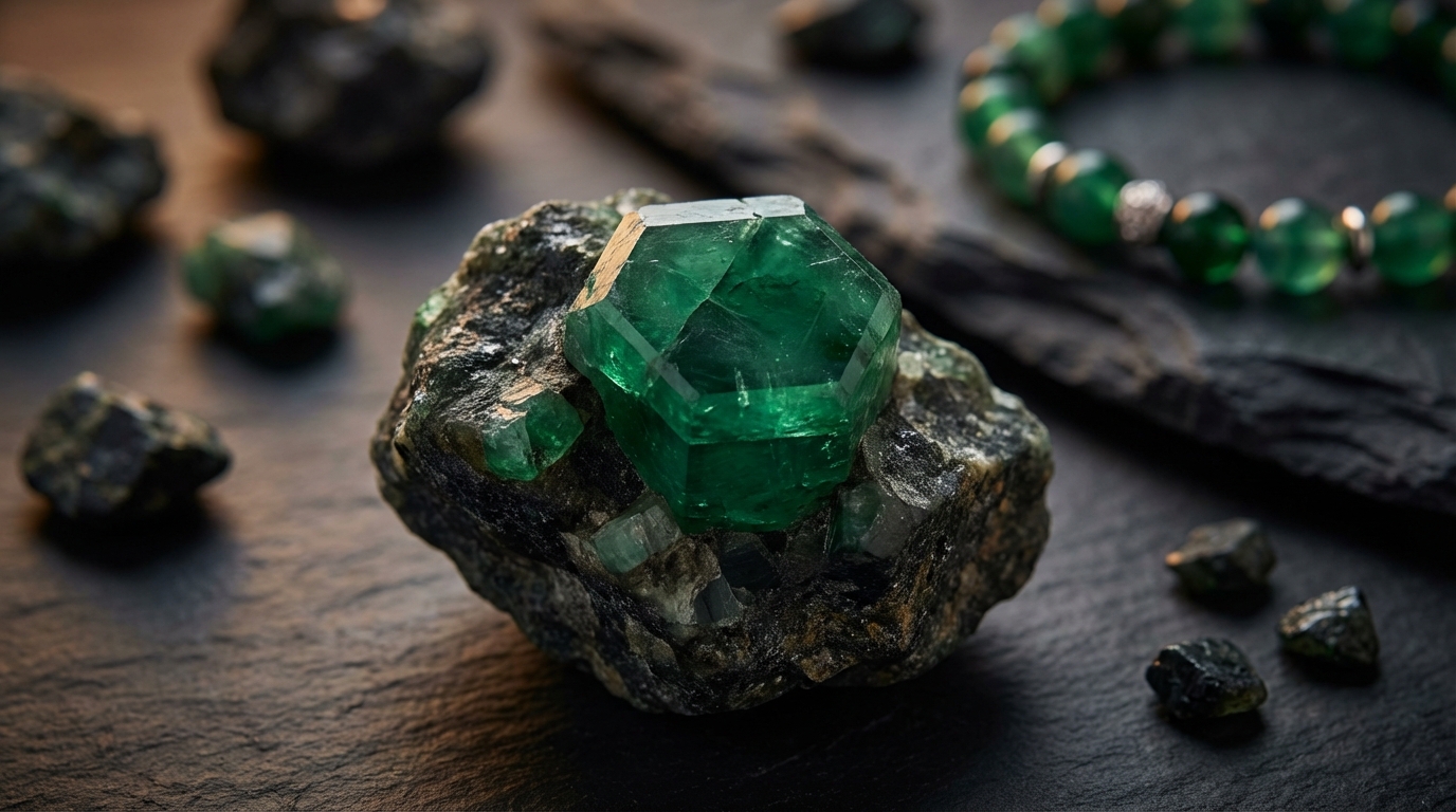 Surowy kryształ szmaragdu w naturalnej skale