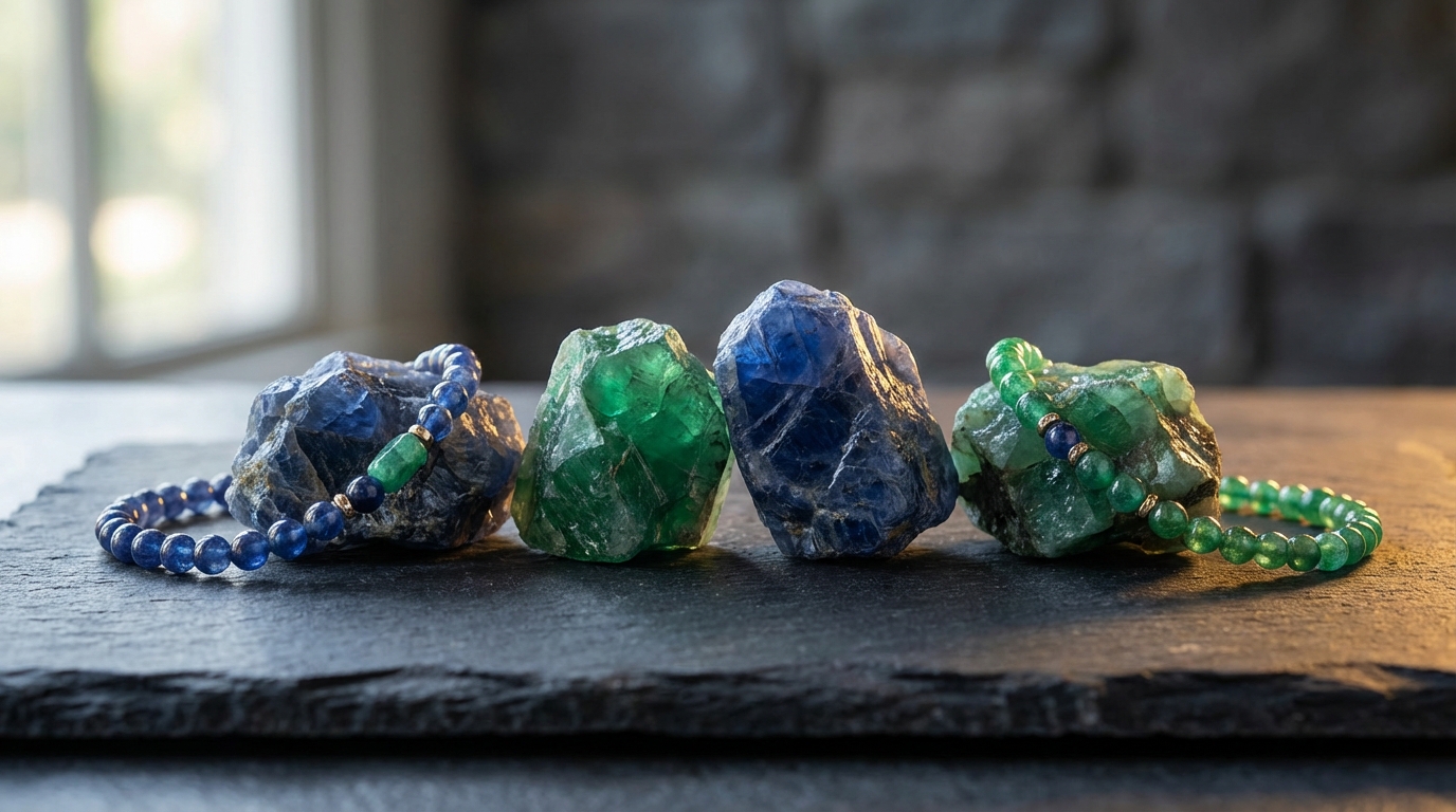 Porównanie surowego szafiru i szmaragdu w naturalnym świetle