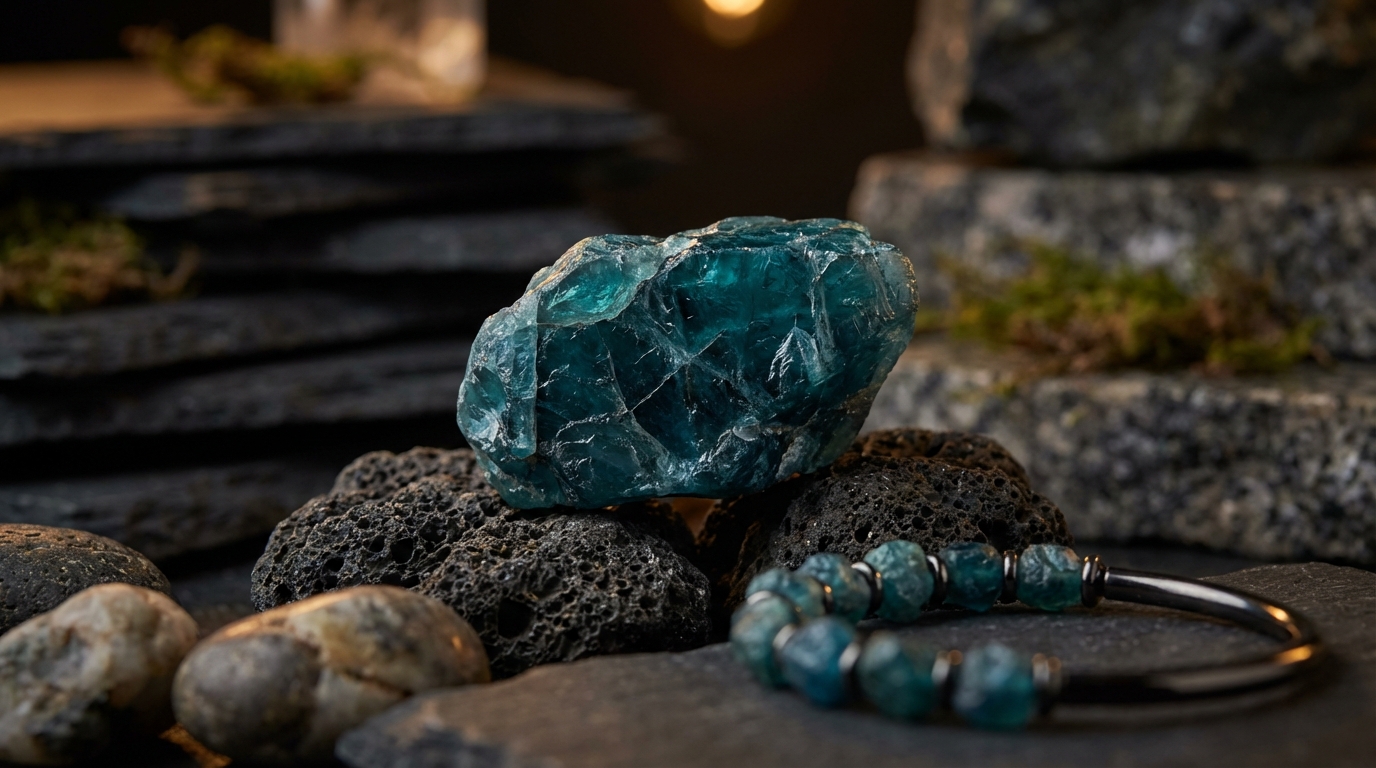 Surowy niebieski szmaragd na tle naturalnych skał